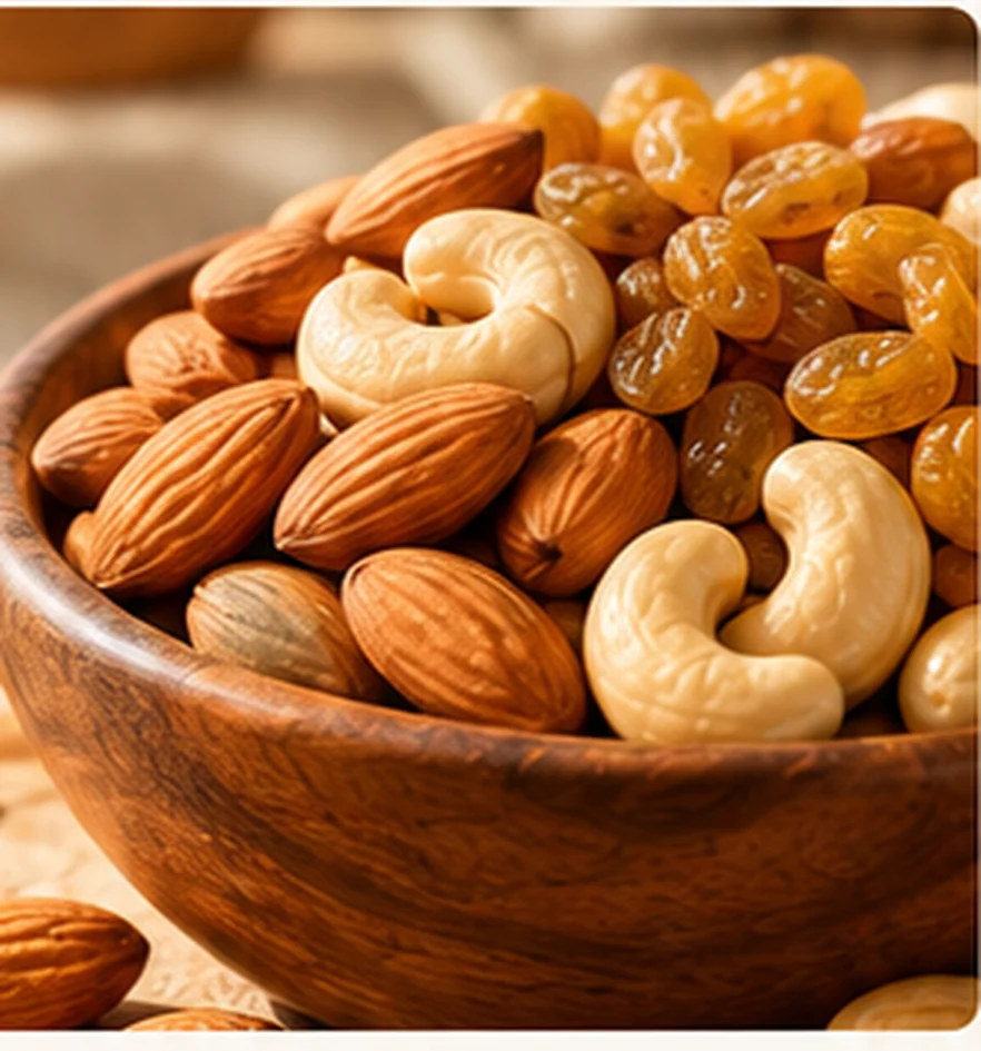 A wooden bowl heaped with almonds, cashews and raisins